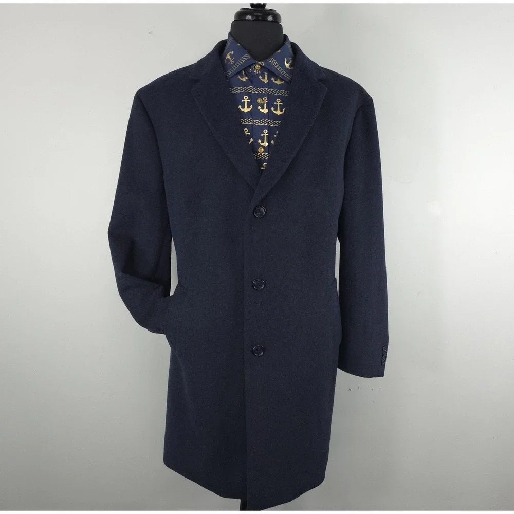 Nautica Coat Mens 48 Blue Wool Single Breasted Long Lined Overcoat Classic